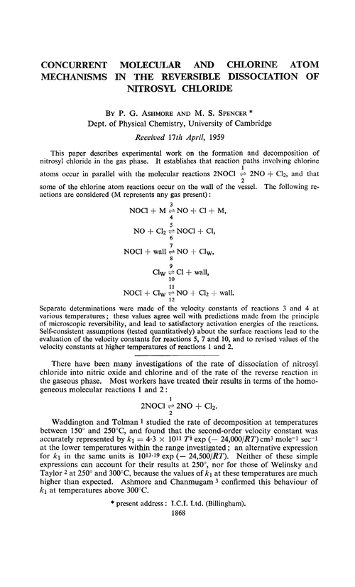 Concurrent molecular and chlorine atom mechanisms in the reversible dissociation of nitrosyl chloride