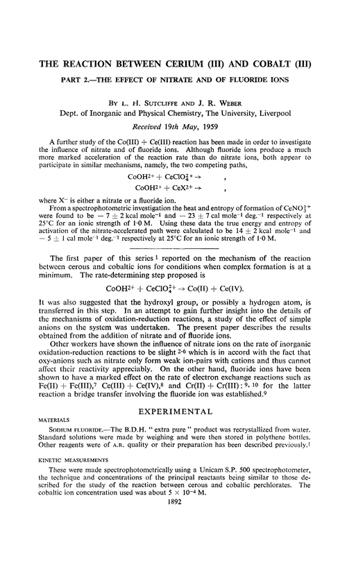 The reaction between cerium (III) and cobalt (III). Part 2.—The effect of nitrate and of fluoride ions