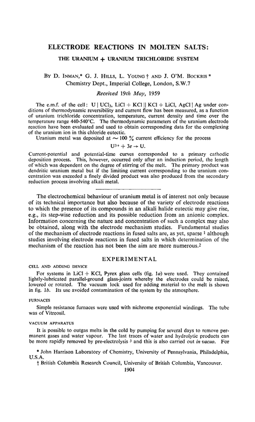 Electrode reactions in molten salts: the uranium + uranium trichloride system