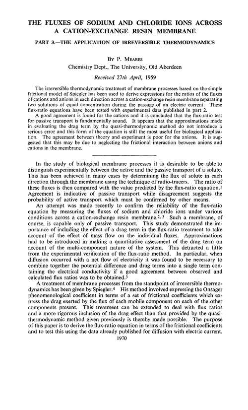 The fluxes of sodium and chloride ions across a cation-exchange resin membrane. Part 3.—The application of irreversible thermodynamics
