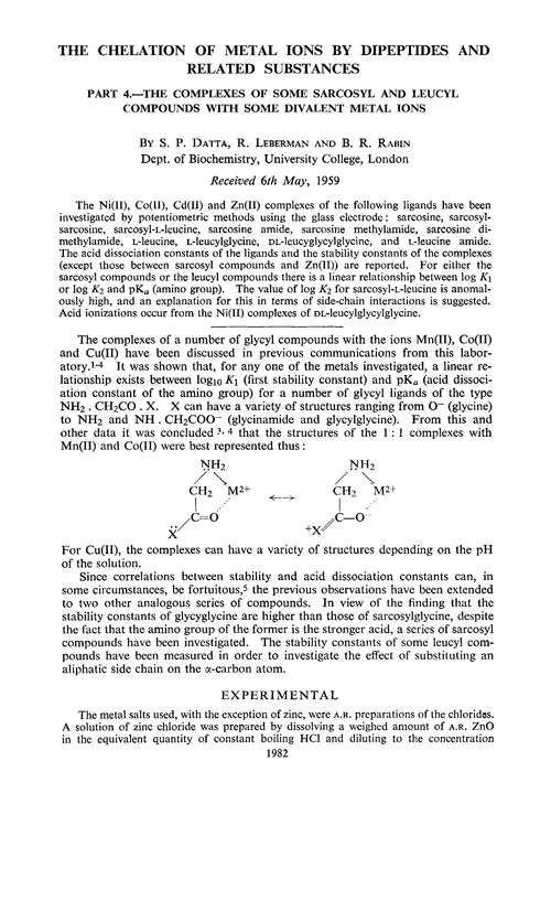 The chelation of metal ions by dipeptides and related substances. Part 4.—The complexes of some sarcosyl and leucyl compounds with some divalent metal ions