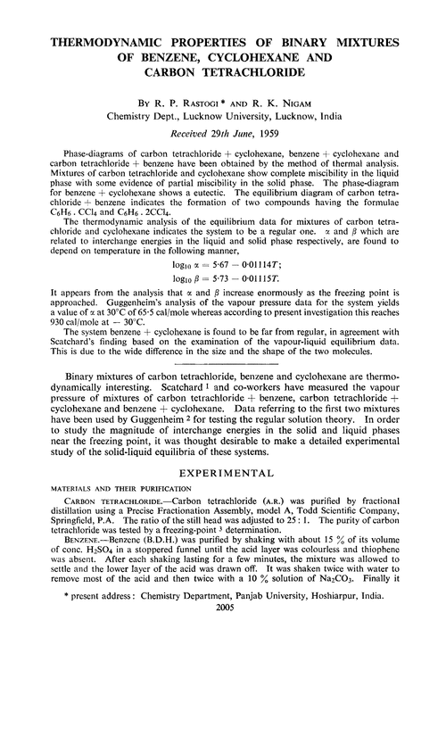 Thermodynamic properties of binary mixtures of benzene, cyclohexane and carbon tetrachloride