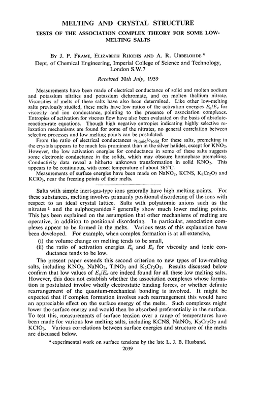 Melting and crystal structure. Tests of the association complex theory for some low-melting salts
