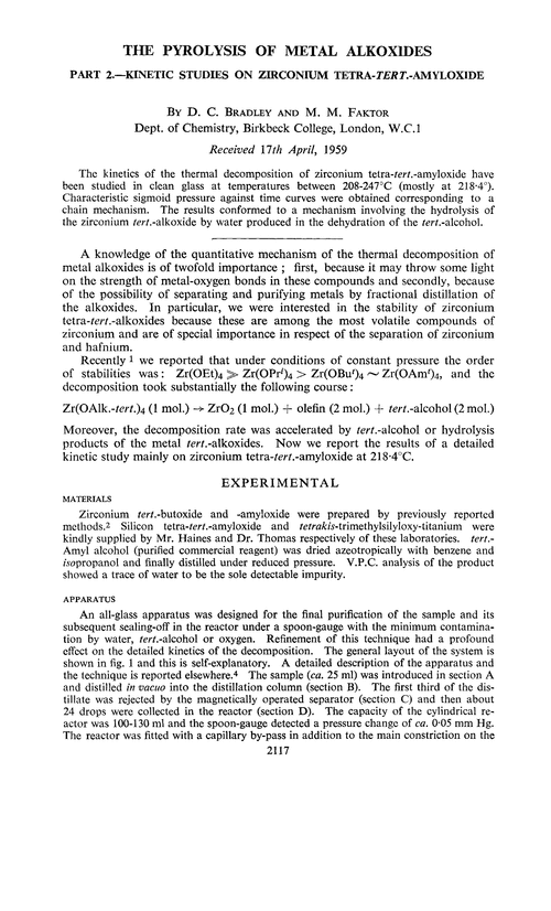 The pyrolysis of metal alkoxides. Part 2.—Kinetic studies on zirconium tetra-tert.-amyloxide