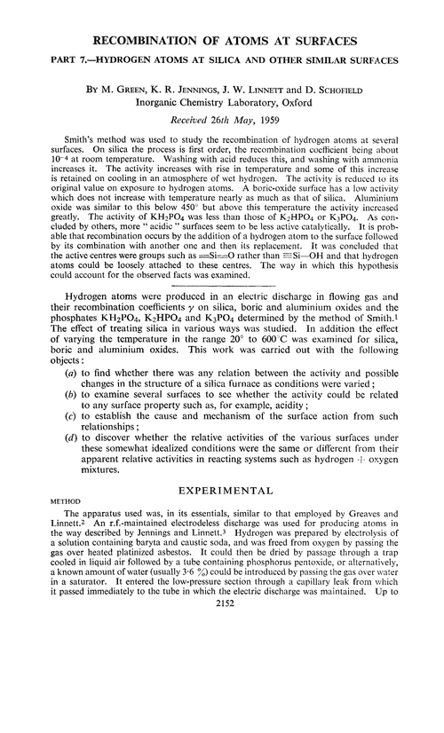 Recombination of atoms at surfaces. Part 7.—Hydrogen atoms at silica and other similar surfaces