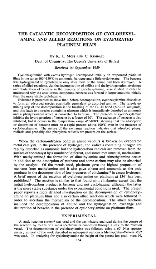 The catalytic decomposition of cyclohexyl-amine and allied reactions on evaporated platinum films