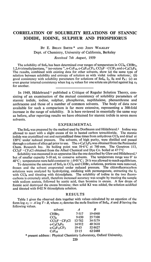 Correlation of solubility relations of stannic iodide, iodine, sulphur and phosphorus