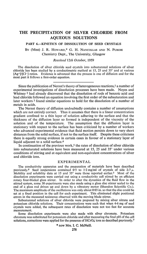 The precipitation of silver chloride from aqueous solutions. Part 6.—Kinetics of dissolution of seed crystals