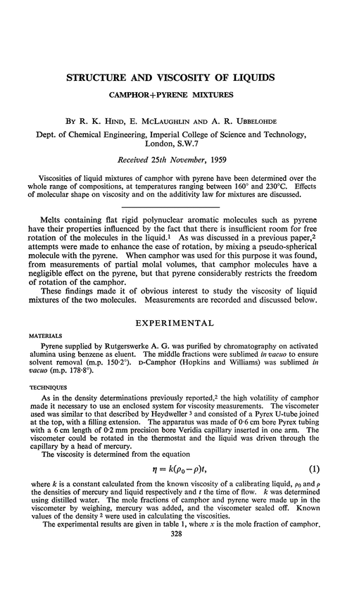 Structure and viscosity of liquids. Camphor + pyrene mixtures