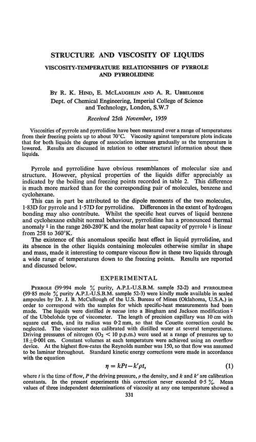 Structure and viscosity of liquids. Viscosity-temperature relationships of pyrrole and pyrrolidine