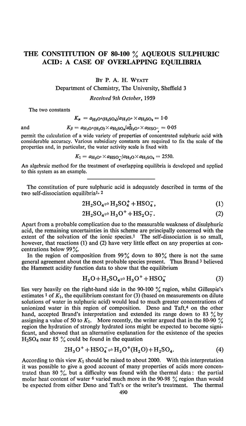 The constitution of 80–100% aqueous sulphuric acid: a case of overlapping equilibria