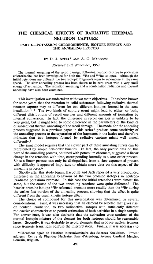 The chemical effects of radiative thermal neutron capture. Part 6.—Potassium chlororhenite, isotope effects and the annealing process