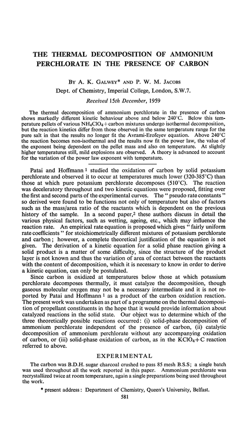 The thermal decomposition of ammonium perchlorate in the presence of carbon