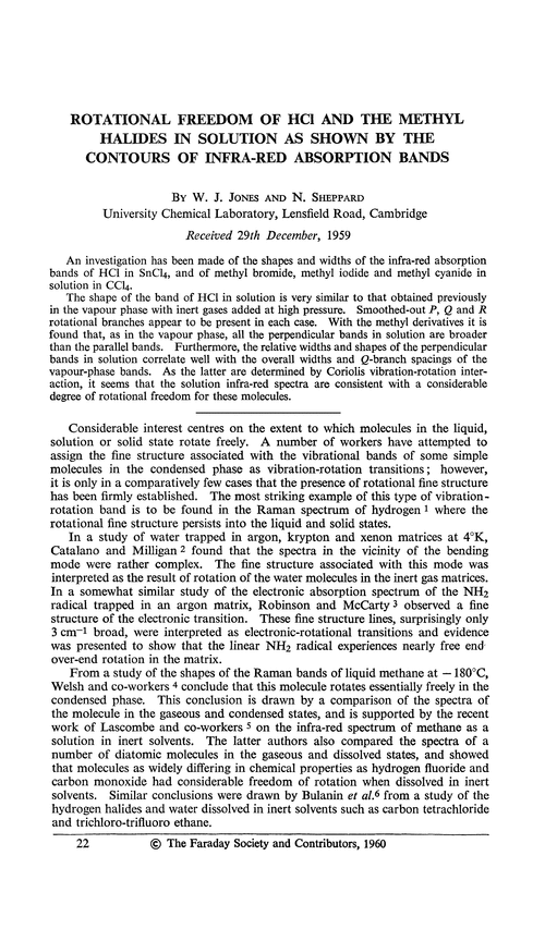Rotational freedom of HCl and the methyl halides in solution as shown by the contours of infra-red absorption bands