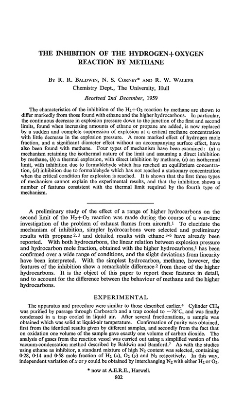 The inhibition of the hydrogen + oxygen reaction by methane