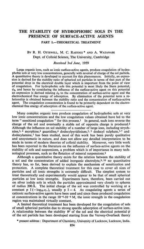 The stability of hydrophobic sols in the presence of surface-active agents. Part 1.—Theoretical treatment