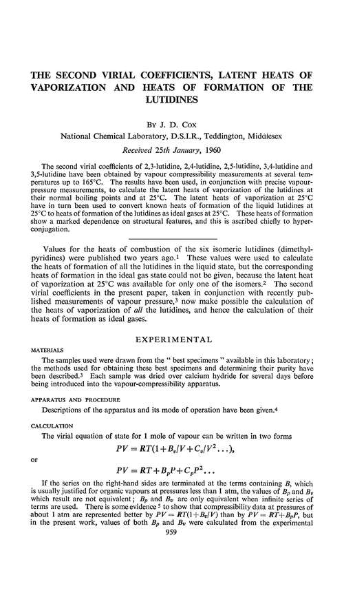 The second virial coefficients, latent heats of vaporization and heats of formation of the lutidines