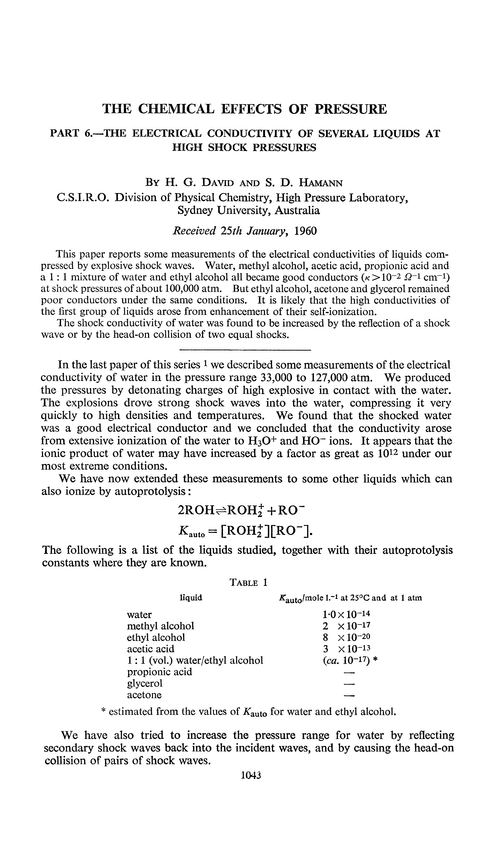 The chemical effects of pressure. Part 6.—The electrical conductivity of several liquids at high shock pressures