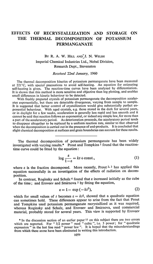 Effects of recrystallization and storage on the thermal decomposition of potassium permanganate