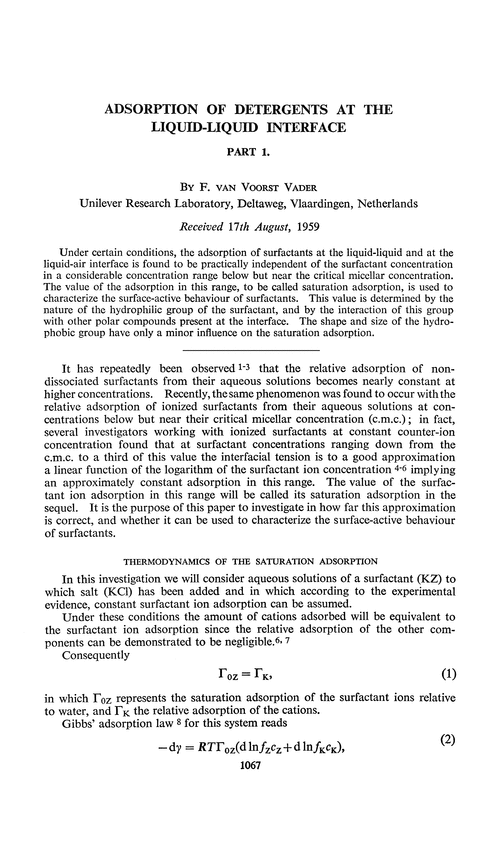 Adsorption of detergents at the liquid-liquid interface. Part 1