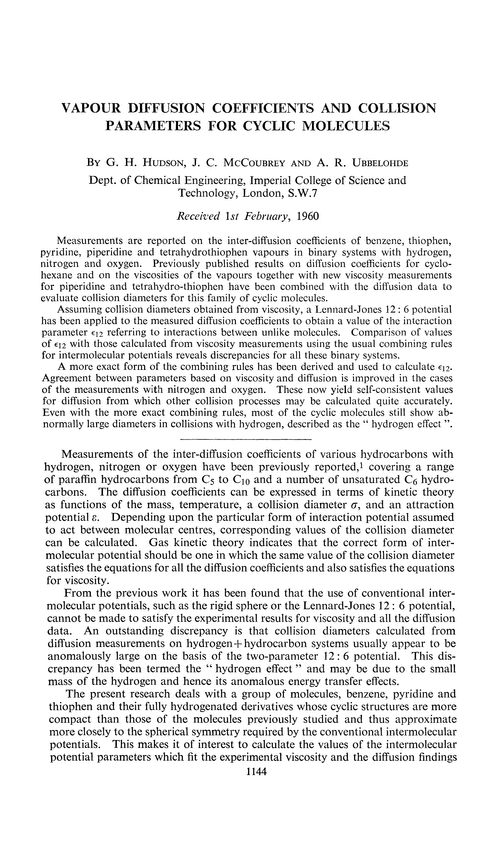 Vapour diffusion coefficients and collision parameters for cyclic molecules