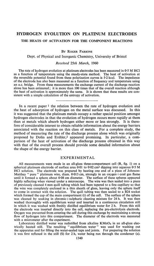 Hydrogen evolution on platinum electrodes. The heats of activation for the component reactions