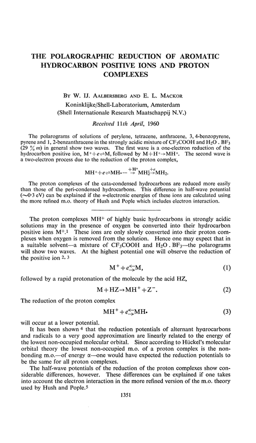 The polarographic reduction of aromatic hydrocarbon positive ions and proton complexes