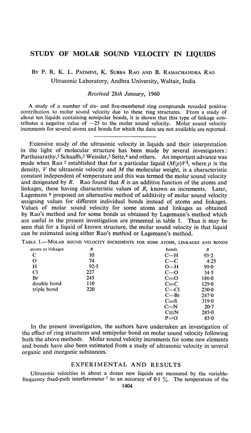 Study of molar sound velocity in liquids