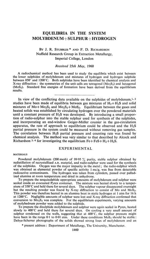 Equilibria in the system molybdenum + sulphur + hydrogen