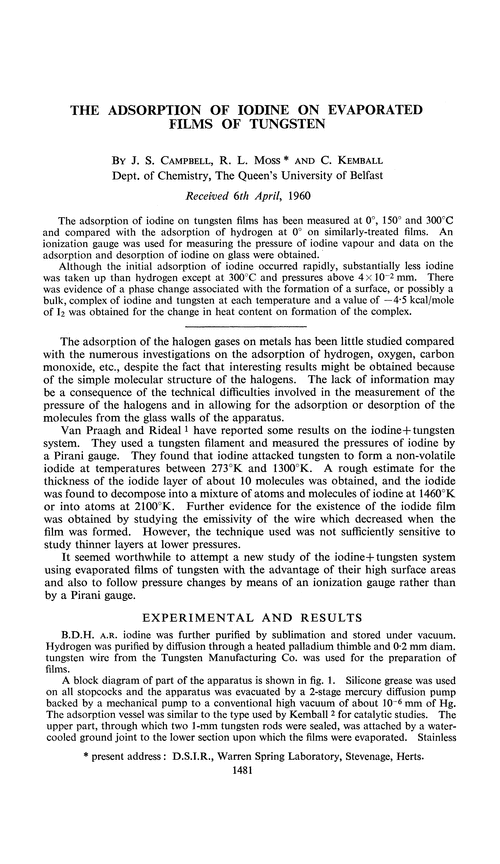 The adsorption of iodine on evaporated films of tungsten
