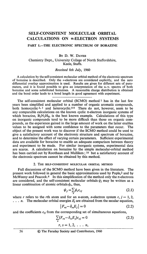 Self-consistent molecular orbital calculations on π-electron systems. Part 1.—The electronic spectrum of borazine