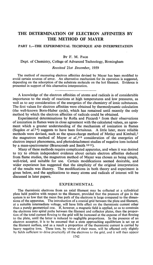 The determination of electron affinities by the method of Mayer. Part 1.—The experimental technique and interpretation