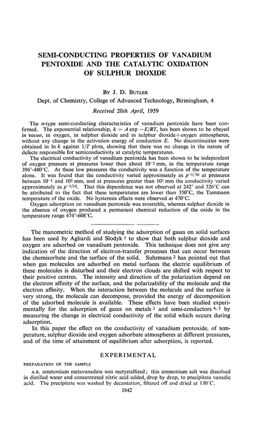 Semi-conducting properties of vanadium pentoxide and the catalytic oxidation of sulphur dioxide