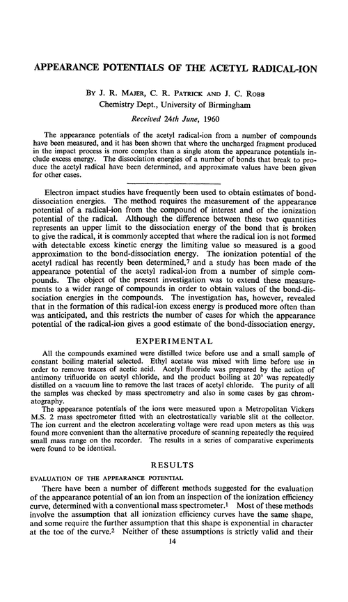 Appearance potentials of the acetyl radical-ion