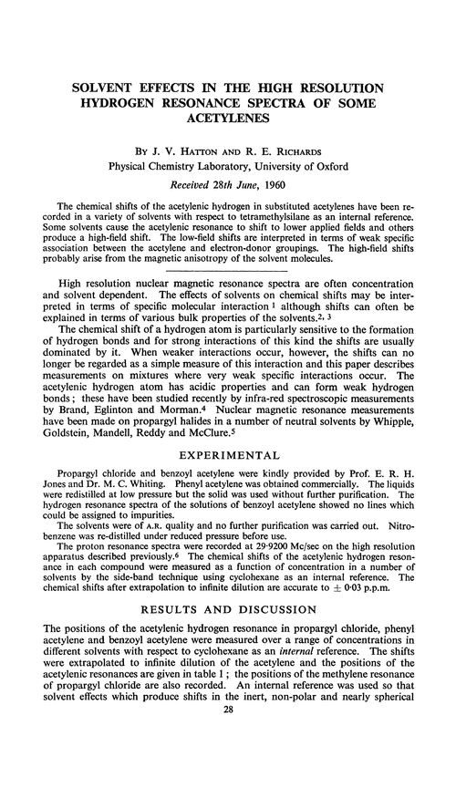 Solvent effects in the high resolution hydrogen resonance spectra of some acetylenes