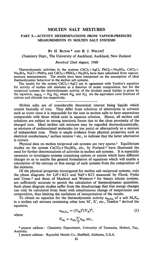 Molten salt mixtures. Part 5.—Activity determinations from vapour-pressure measurements in molten salt systems