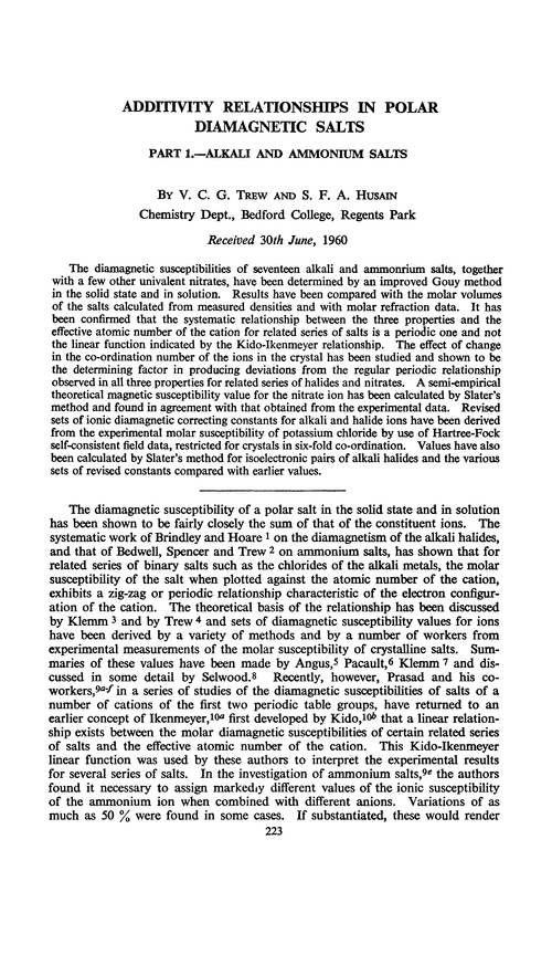 Additivity relationships in polar diamagnetic salts. Part 1.—Alkali and ammonium salts