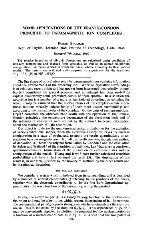 Some applications of the Franck-Condon principle to paramagnetic ion complexes