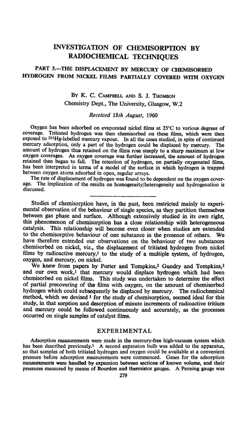 Investigation of chemisorption by radiochemical techniques. Part 3.—The displacement by mercury of chemisorbed hydrogen from nickel films partially covered with oxygen