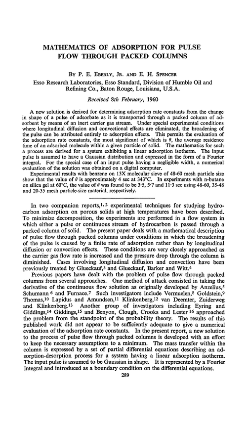 Mathematics of adsorption for pulse flow through packed columns