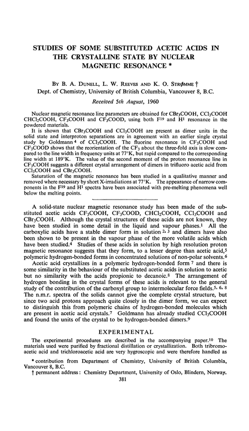 Studies of some substituted acetic acids in the crystalline state by nuclear magnetic resonance