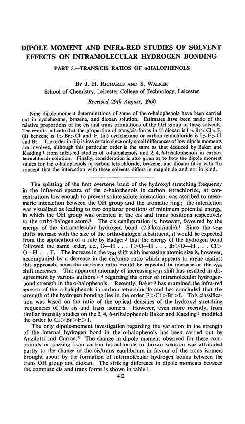Dipole moment and infra-red studies of solvent effects on intramolecular hydrogen bonding. Part 3.—Trans/cis ratios of o-halophenols