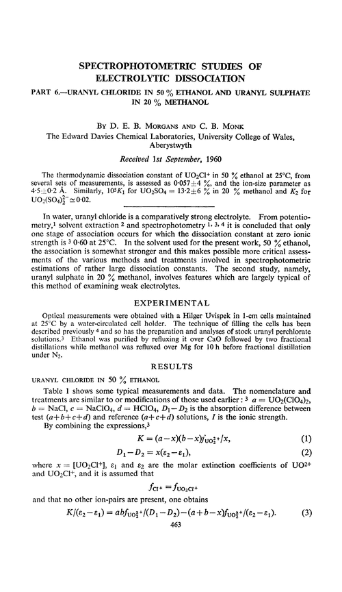 Spectrophotometric studies of electrolytic dissociation. Part 6.—Uranyl chloride in 50% ethanol and uranyl sulphate in 20% methanol