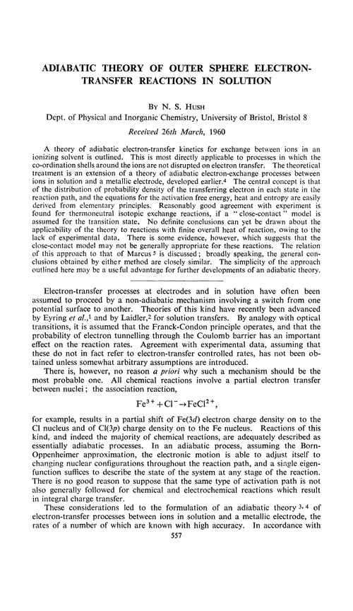 Adiabatic theory of outer sphere electron-transfer reactions in solution