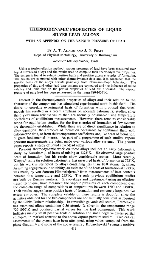 Thermodynamic properties of liquid silver-lead alloys. With an appendix on the vapour pressure of lead