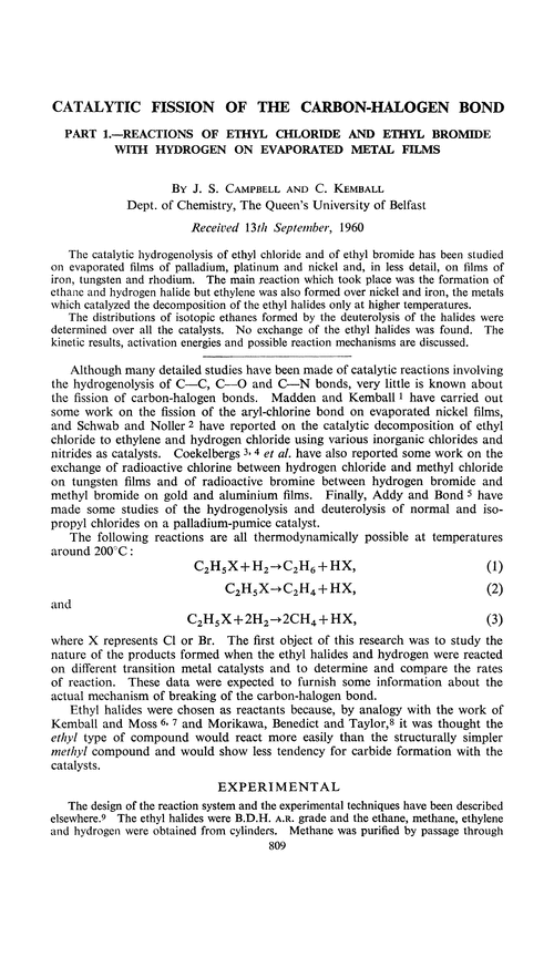Catalytic fission of the carbon-halogen bond. Part 1.—Reactions of ethyl chloride and ethyl bromide with hydrogen on evaporated metal films