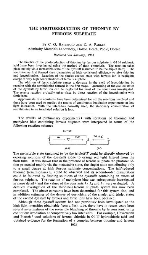 The photoreduction of thionine by ferrous sulphate