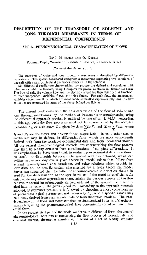Description of the transport of solvent and ions through membranes in terms of differential coefficients. Part 1.—Phenomenological characterization of flows