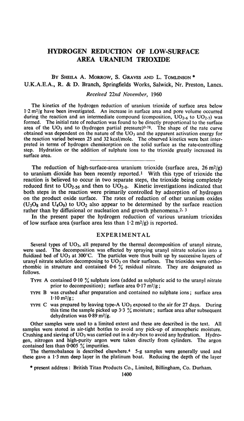 Hydrogen reduction of low-surface area uranium trioxide