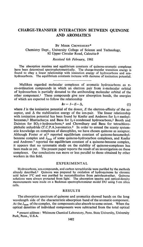 Charge-transfer interaction between quinone and aromatics